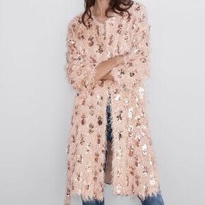 Zara Nude Beige Pink Sequinned Coat Kimono Fringed With Belt Size XS Lined